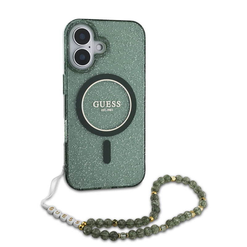 Husa iPhone 16 Plus originala Guess IML Glitter with Pearl Strap MagSafe, verde, GUHMP16MHGCRELSA