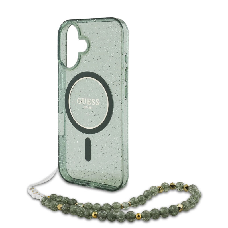 Husa iPhone 16 Plus originala Guess IML Glitter with Pearl Strap MagSafe, verde, GUHMP16MHGCRELSA