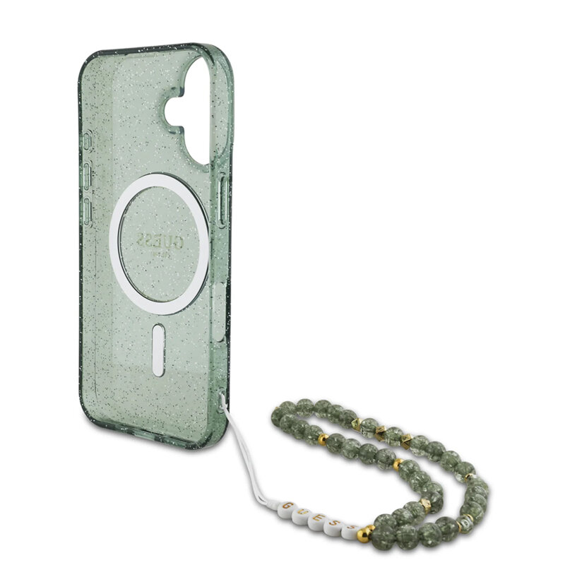 Husa iPhone 16 Plus originala Guess IML Glitter with Pearl Strap MagSafe, verde, GUHMP16MHGCRELSA