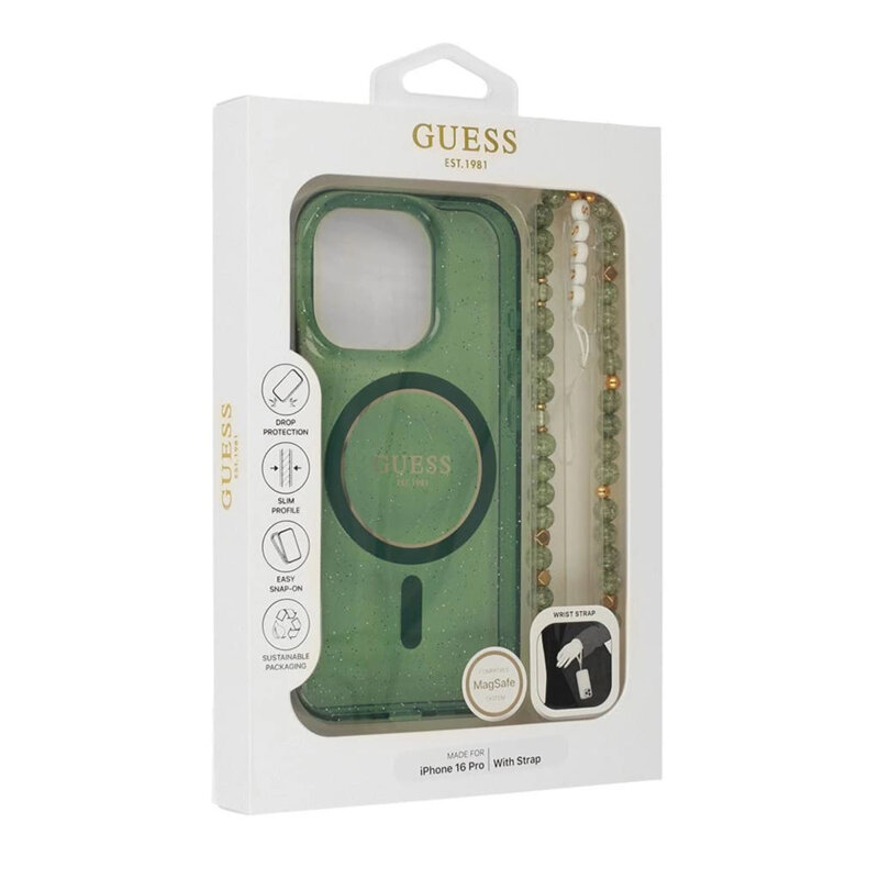 Husa iPhone 16 Plus originala Guess IML Glitter with Pearl Strap MagSafe, verde, GUHMP16MHGCRELSA