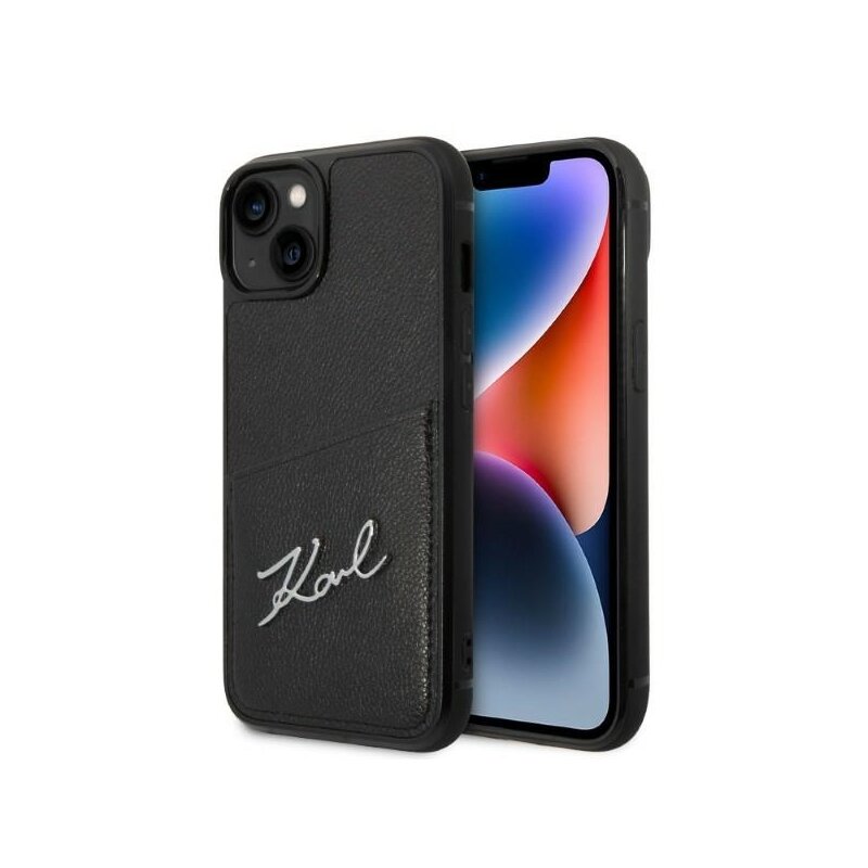 Husa iPhone 14 Plus Karl Lagerfeld Hardcase Leather Cardslots, Signature Logo, negru, KLHCP14MCSSK