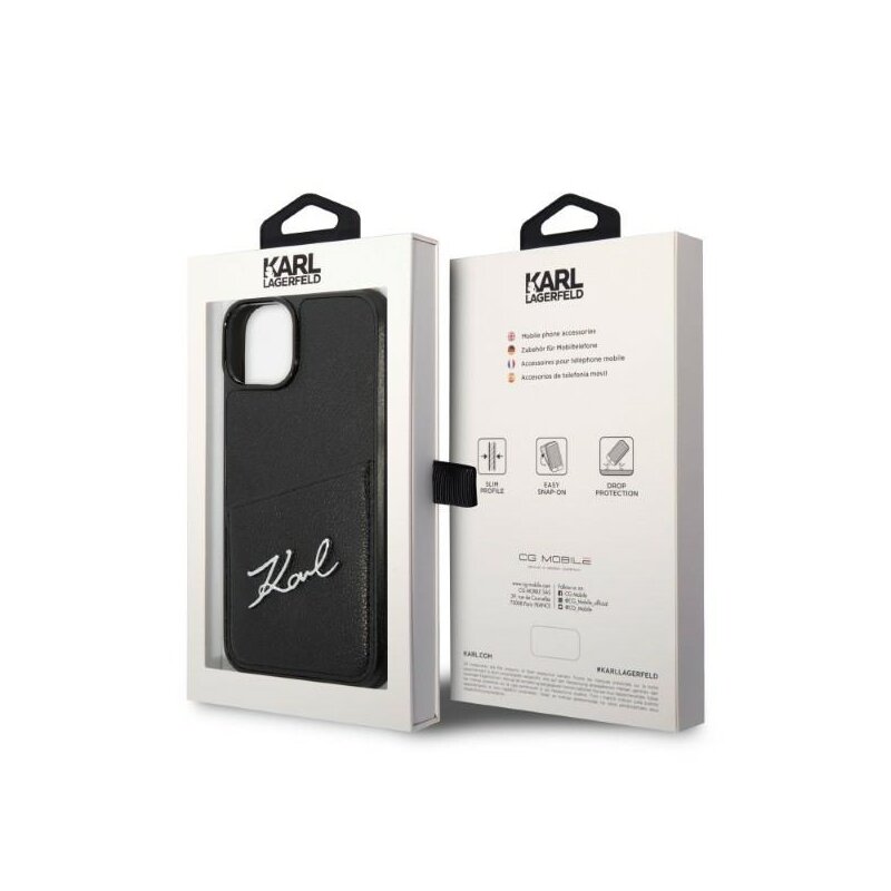Husa iPhone 14 Plus Karl Lagerfeld Hardcase Leather Cardslots, Signature Logo, negru, KLHCP14MCSSK