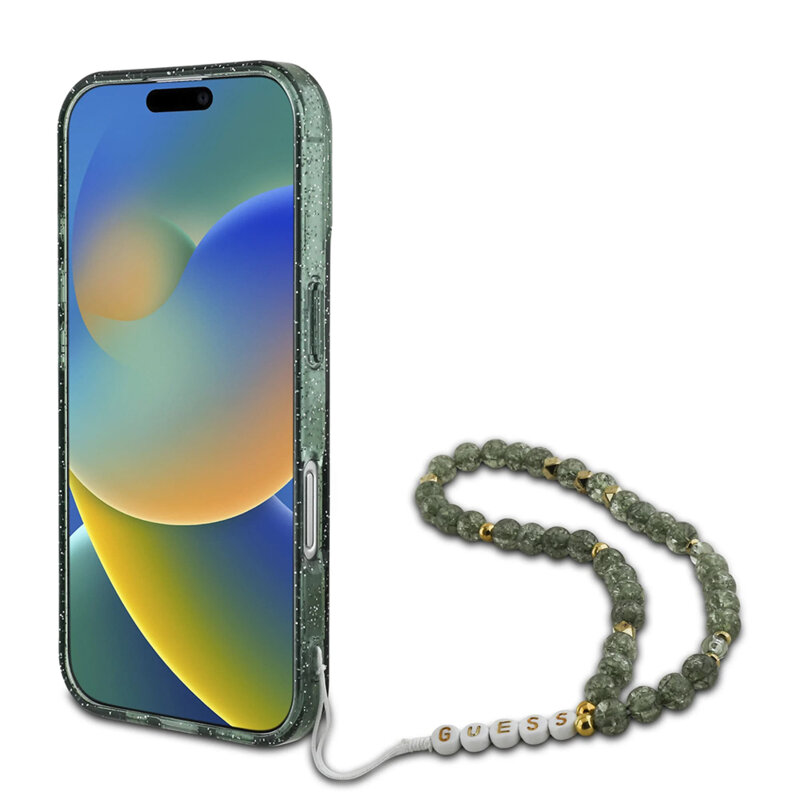 Husa iPhone 16 Pro Max originala Guess IML Glitter with Pearl Strap MagSafe, verde, GUHMP16XHGCRELSA