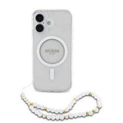 Husa iPhone 16 Plus originala Guess IML Glitter with Pearl Strap MagSafe, transparenta, GUHMP16MHGCRELST