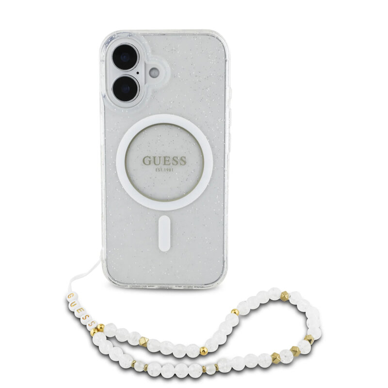 Husa iPhone 16 Plus originala Guess IML Glitter with Pearl Strap MagSafe, transparenta, GUHMP16MHGCRELST