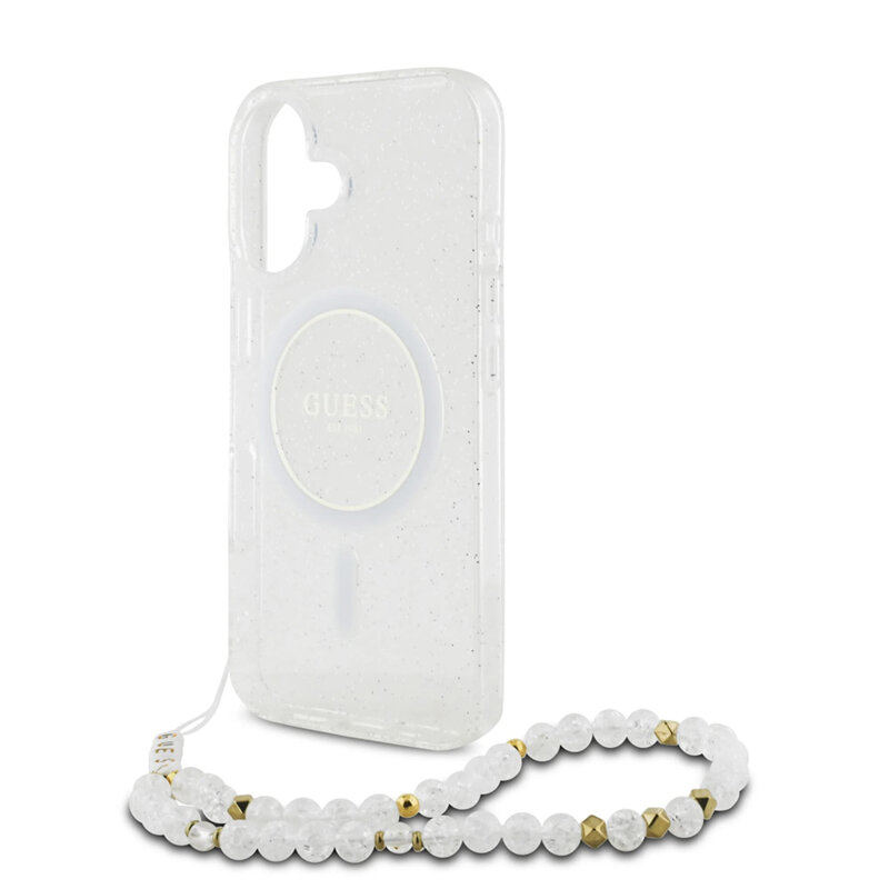 Husa iPhone 16 Plus originala Guess IML Glitter with Pearl Strap MagSafe, transparenta, GUHMP16MHGCRELST