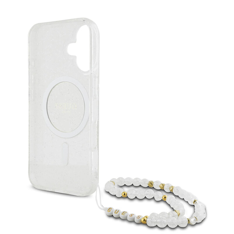 Husa iPhone 16 Plus originala Guess IML Glitter with Pearl Strap MagSafe, transparenta, GUHMP16MHGCRELST