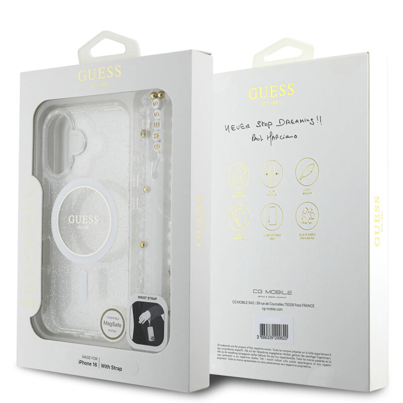 Husa iPhone 16 Plus originala Guess IML Glitter with Pearl Strap MagSafe, transparenta, GUHMP16MHGCRELST