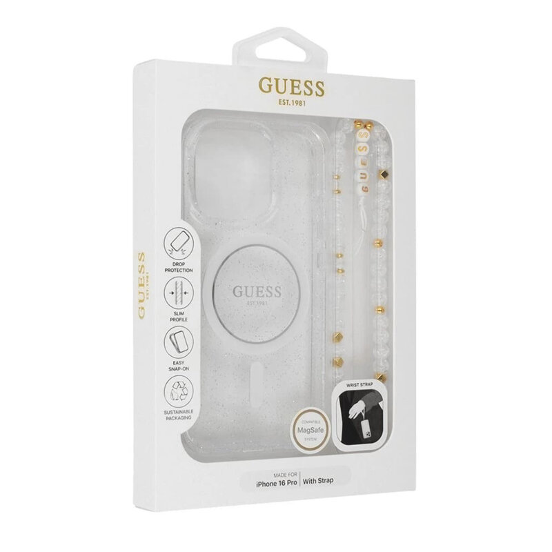 Husa iPhone 16 Pro Max originala Guess IML Glitter with Pearl Strap MagSafe, transparenta, GUHMP16XHGCRELST