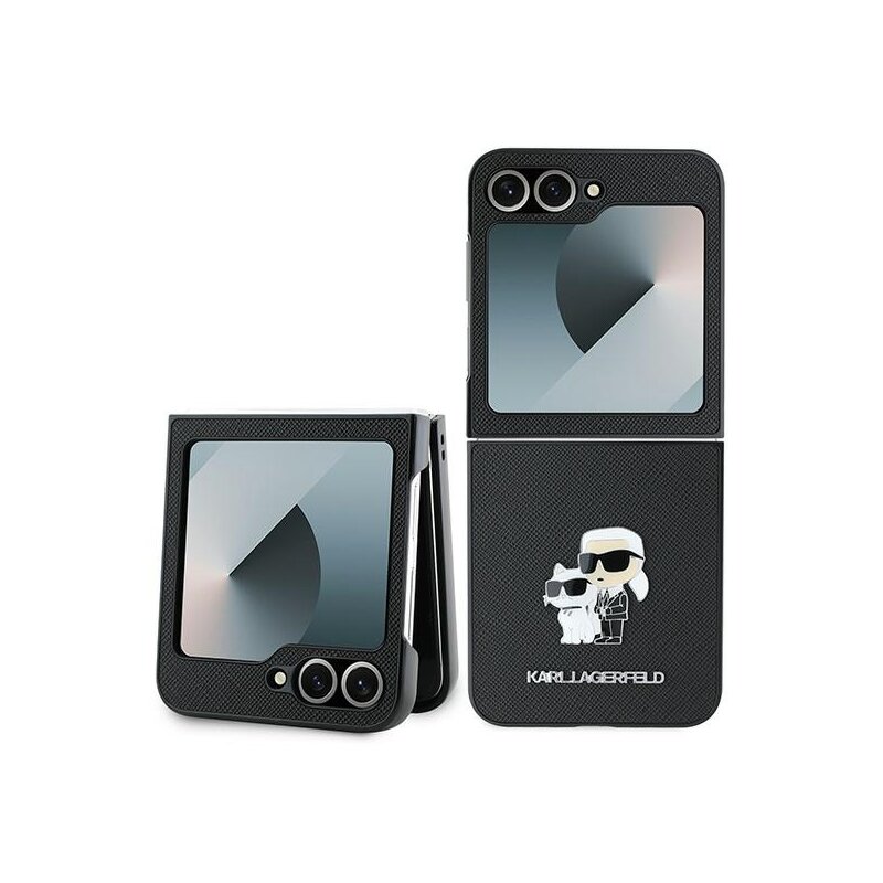 Husa originala Samsung Galaxy Z Flip6 Karl Lagerfeld Saffiano, Karl&Choupette Metal Pin, negru, KLHCZF6SAPKCNPK
