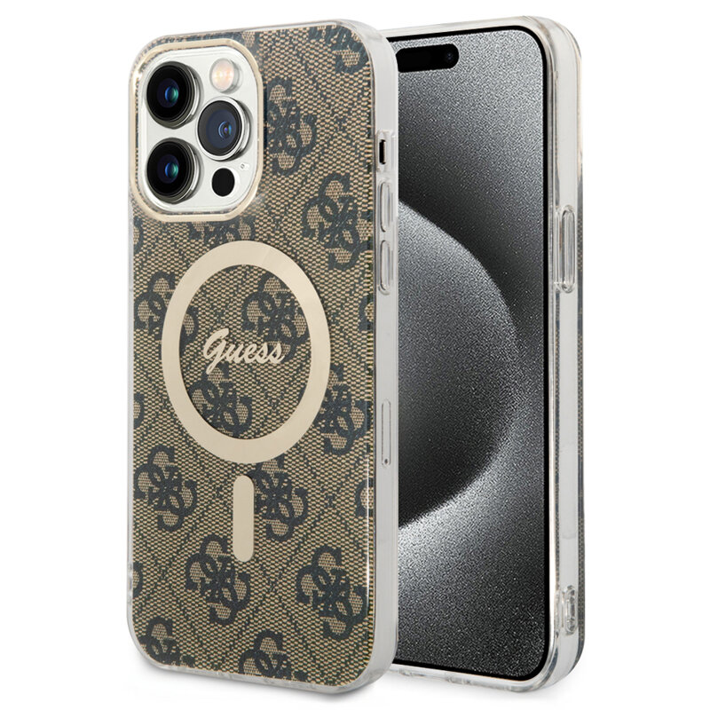 Husa iPhone 15 Pro Max originala Guess IML 4G MagSafe, maro, GUHMP15XH4STW