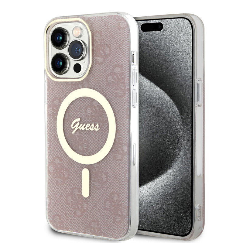 Husa iPhone 15 Pro Max originala Guess IML 4G MagSafe, roz, GUHMP15XH4STP