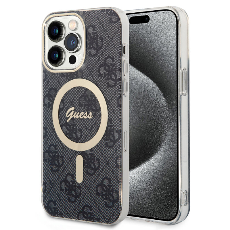 Husa iPhone 15 Pro originala Guess IML 4G MagSafe, negru, GUHMP15LH4STK