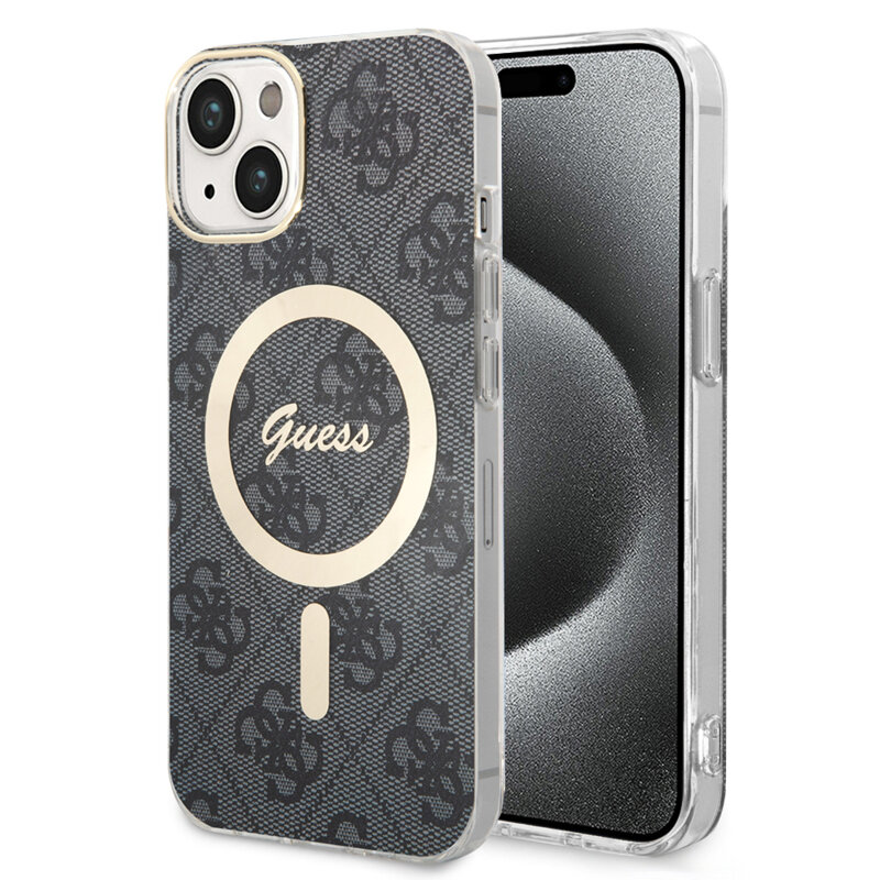 Husa iPhone 15 originala Guess IML 4G MagSafe, negru, GUHMP15SH4STK