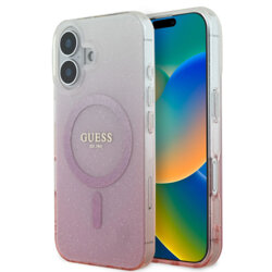Husa iPhone 16 Plus originala Guess IML Glitter Gradient MagSafe, roz, GUHMP16MHGRCELP