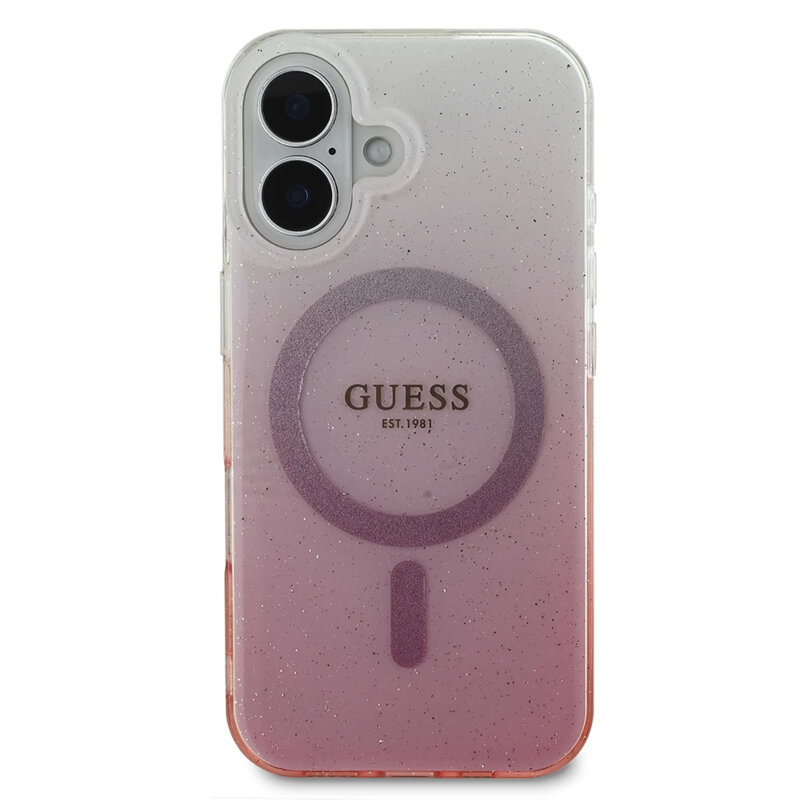 Husa iPhone 16 Plus originala Guess IML Glitter Gradient MagSafe, roz, GUHMP16MHGRCELP
