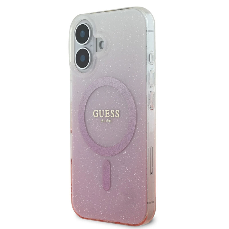Husa iPhone 16 Plus originala Guess IML Glitter Gradient MagSafe, roz, GUHMP16MHGRCELP
