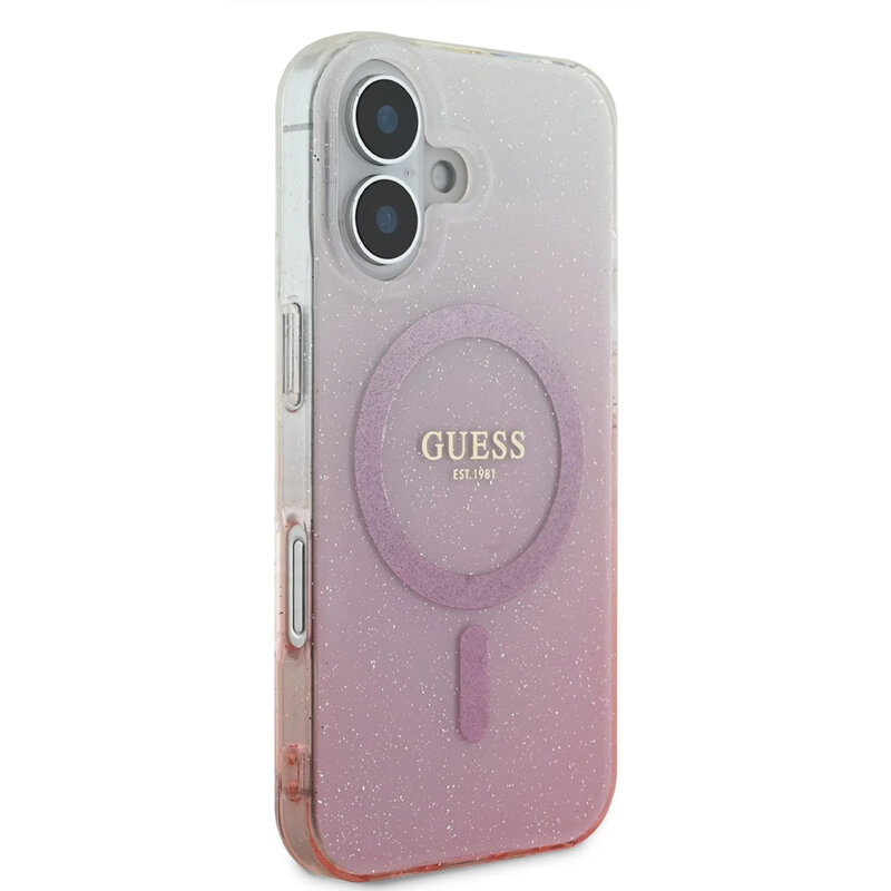 Husa iPhone 16 Plus originala Guess IML Glitter Gradient MagSafe, roz, GUHMP16MHGRCELP