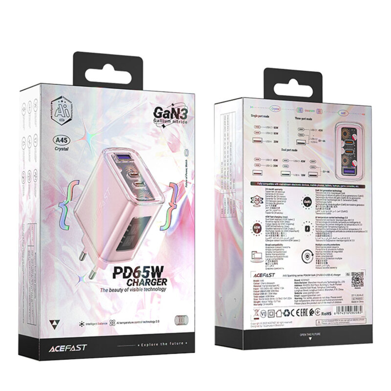 Incarcator Type-C 2 x USB-C, Acefast A45, GaN 65W Power Delivery