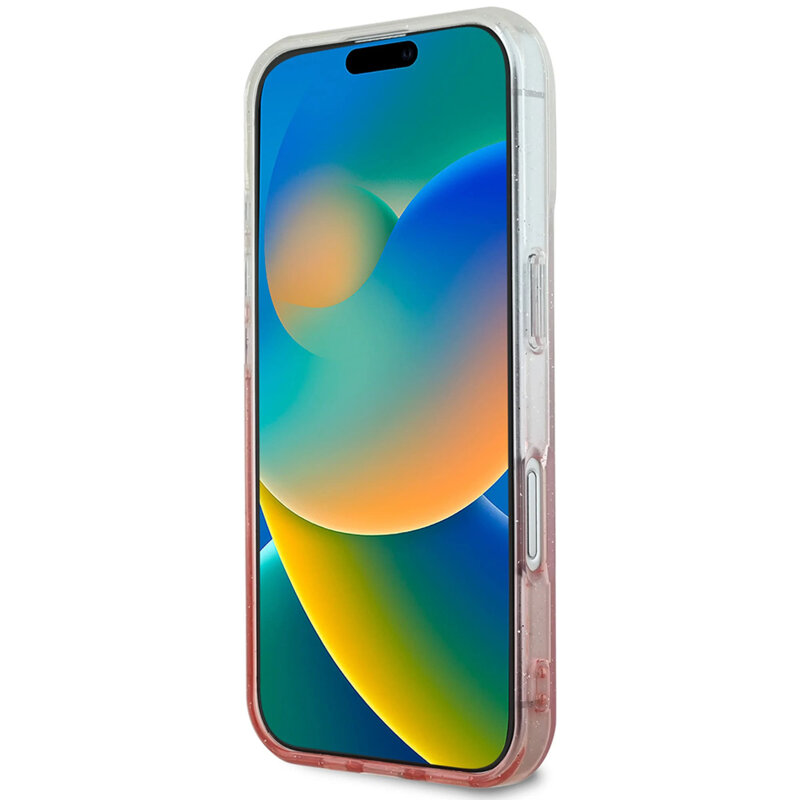 Husa iPhone 16 originala Guess IML Glitter Gradient MagSafe, roz, GUHMP16SHGRCELP