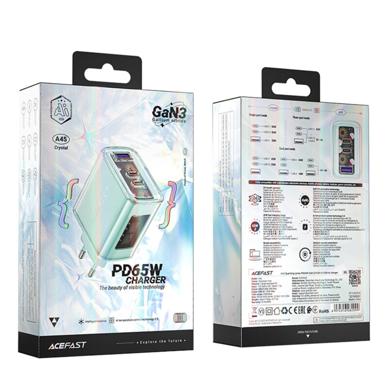 Incarcator Type-C 2 x USB-C, Acefast A45, GaN 65W Power Delivery