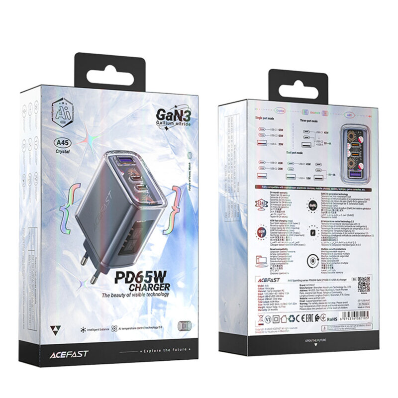 Incarcator Type-C 2 x USB-C, Acefast A45, GaN 65W Power Delivery