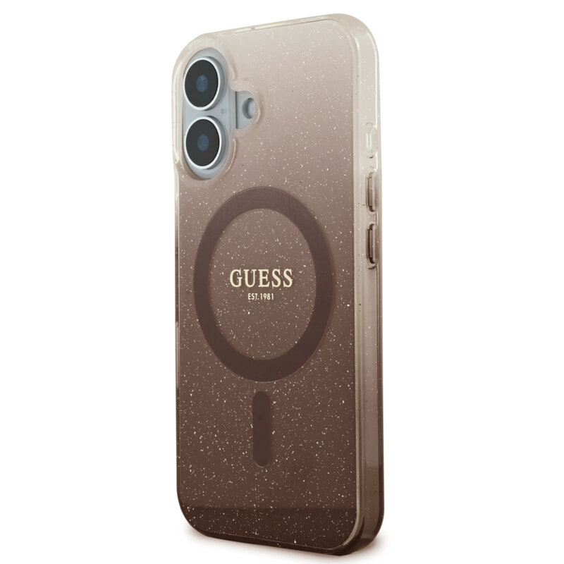 Husa iPhone 16 Plus originala Guess IML Glitter Gradient MagSafe, maro, GUHMP16MHGRCELW