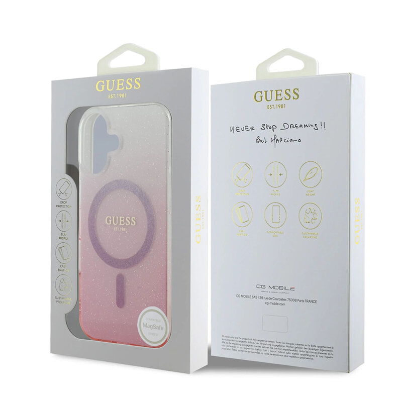Husa iPhone 16 Plus originala Guess IML Glitter Gradient MagSafe, maro, GUHMP16MHGRCELW