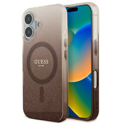 Husa iPhone 16 originala Guess IML Glitter Gradient MagSafe, maro, GUHMP16SHGRCELW