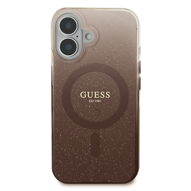 Husa iPhone 16 originala Guess IML Glitter Gradient MagSafe, maro, GUHMP16SHGRCELW