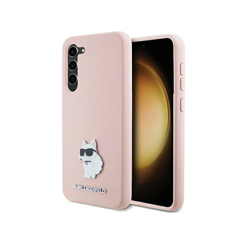 Husa Karl Lagerfeld Samsung Galaxy S23 Plus Silicone, Choupette Metal Pin, roz, KLHCS23MSMHCNPP