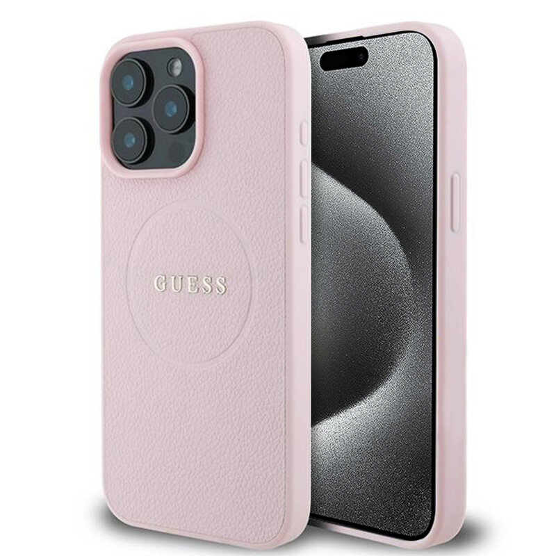 Husa iPhone 15 Pro Max Guess Grained Gold Ring MagSafe, roz, GUHMP15XPGHSMMP