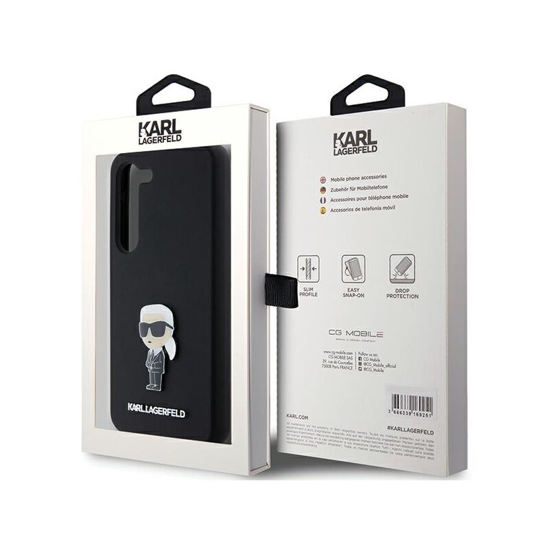Husa Karl Lagerfeld Samsung Galaxy S23 Plus Silicone, Ikonik Metal Pin, negru, KLHCS23MSMHKNPK