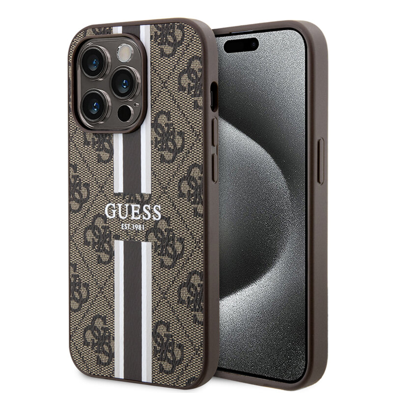 Husa originala Guess iPhone 15 Pro Hardcase 4G Printed Stripes MagSafe, maro, GUHMP15LP4RPSW