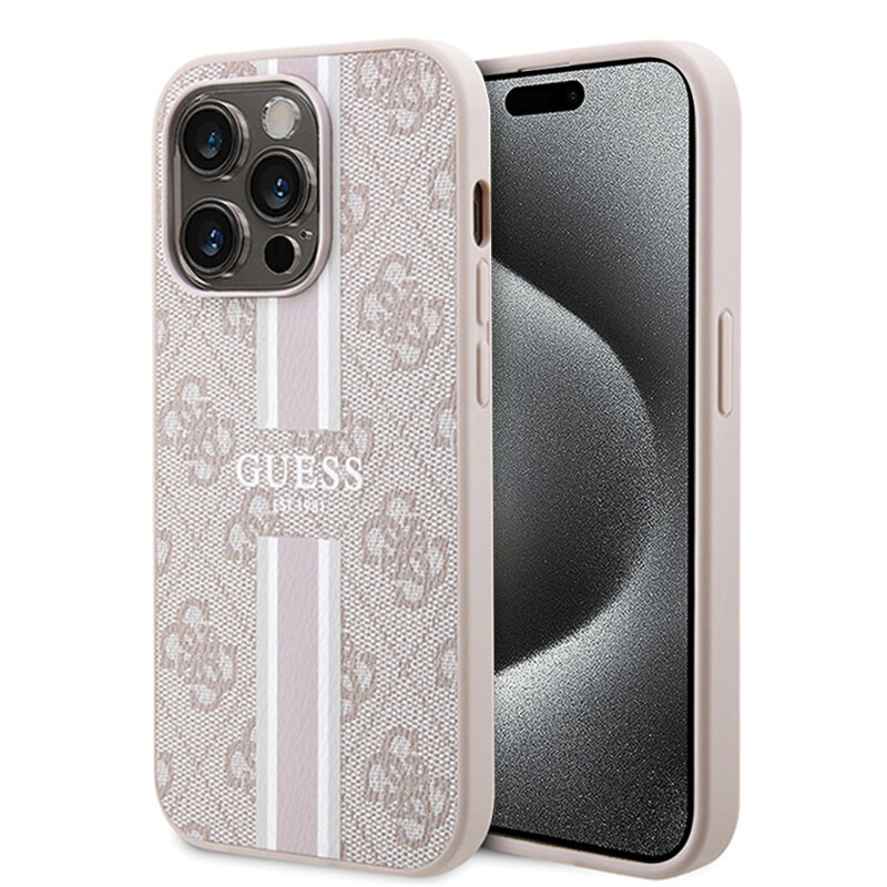 Husa originala Guess iPhone 15 Pro Hardcase 4G Printed Stripes MagSafe, roz, GUHMP15LP4RPSP