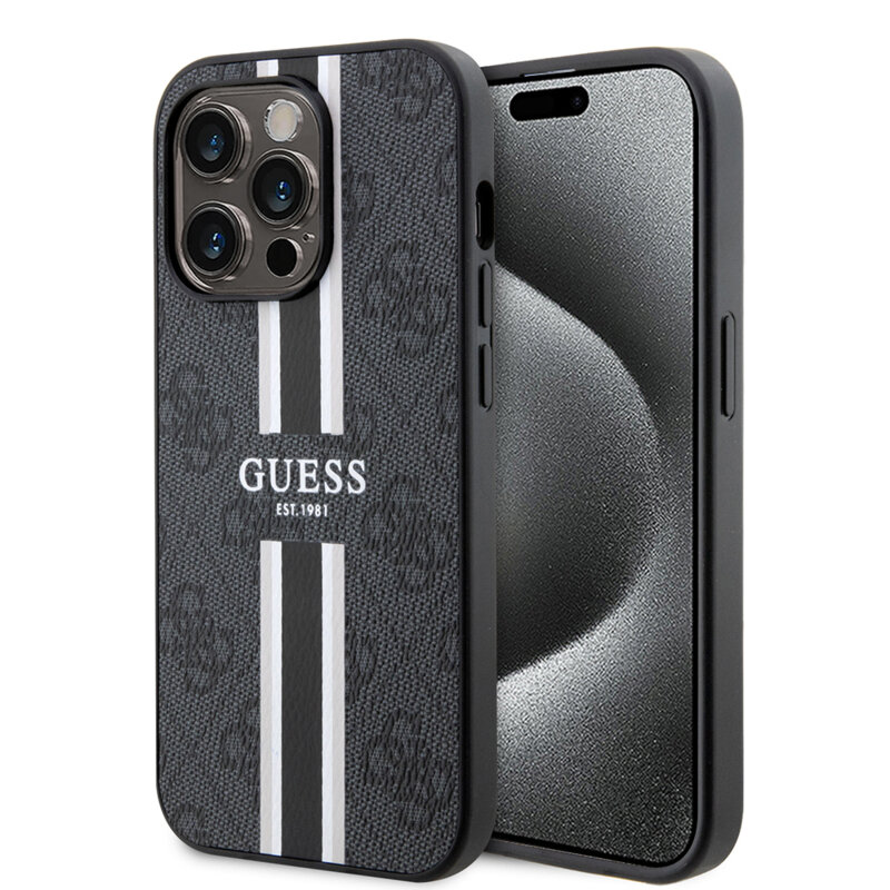 Husa originala Guess iPhone 15 Pro Max Hardcase 4G Printed Stripes MagSafe, negru, GUHMP15XP4RPSK