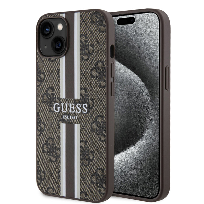 Husa originala Guess iPhone 15 Hardcase 4G Printed Stripes MagSafe, maro, GUHMP15SP4RPSW