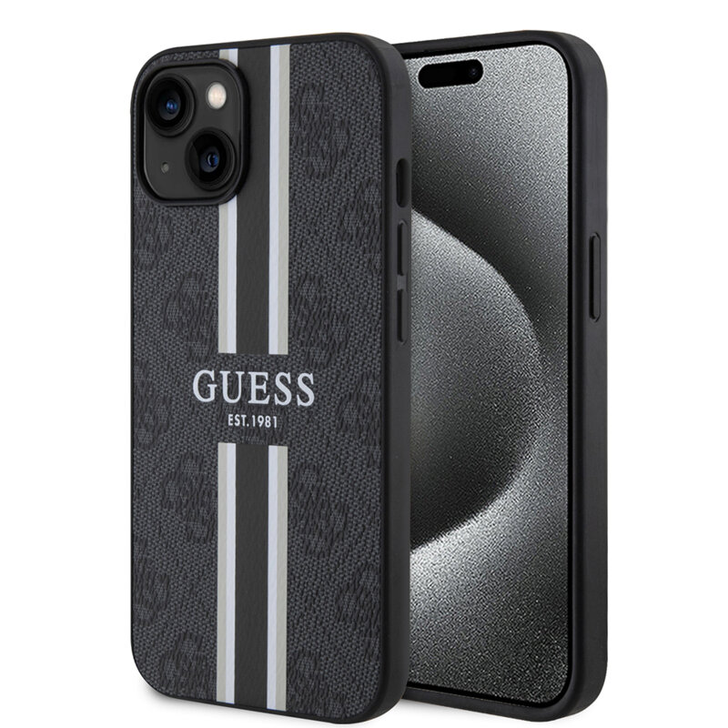 Husa originala Guess iPhone 15 Hardcase 4G Printed Stripes MagSafe, negru, GUHMP15SP4RPSK