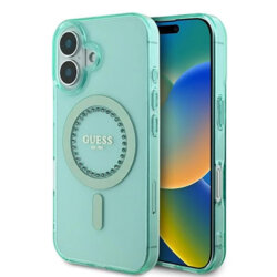 Husa iPhone 16 Plus originala Guess IML Rhinestones MagSafe, verde, GUHMP16MPFTDTEN
