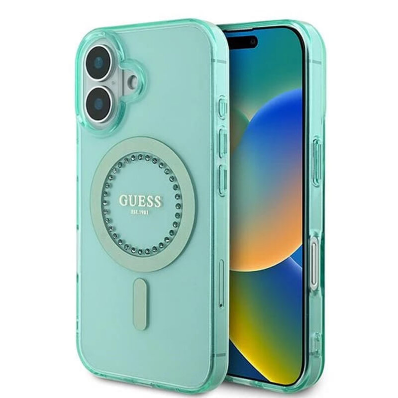Husa iPhone 16 Plus originala Guess IML Rhinestones MagSafe, verde, GUHMP16MPFTDTEN