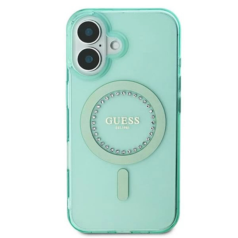 Husa iPhone 16 Plus originala Guess IML Rhinestones MagSafe, verde, GUHMP16MPFTDTEN