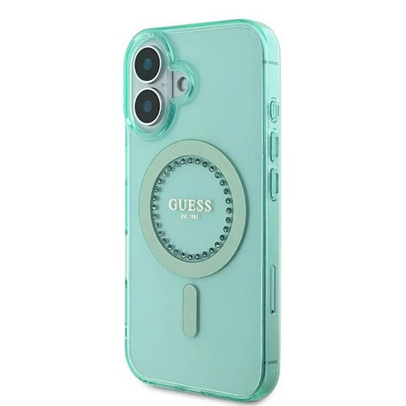Husa iPhone 16 Plus originala Guess IML Rhinestones MagSafe, verde, GUHMP16MPFTDTEN