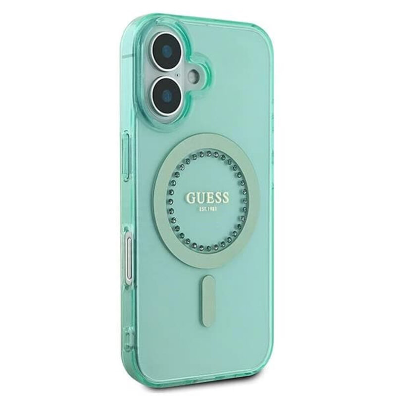 Husa iPhone 16 Plus originala Guess IML Rhinestones MagSafe, verde, GUHMP16MPFTDTEN