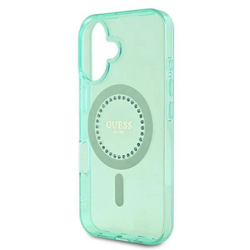 Husa iPhone 16 Plus originala Guess IML Rhinestones MagSafe, verde, GUHMP16MPFTDTEN
