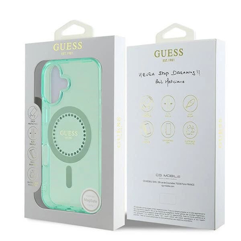 Husa iPhone 16 Plus originala Guess IML Rhinestones MagSafe, verde, GUHMP16MPFTDTEN