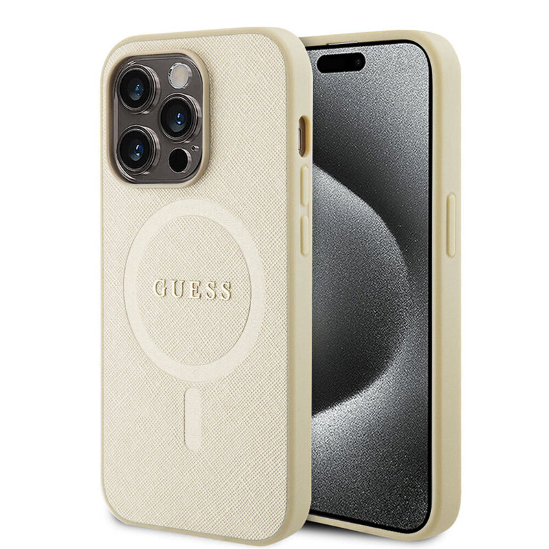 Husa Guess Saffiano MagSafe iPhone 15 Pro, auriu, GUHMP15LPSAHMCB