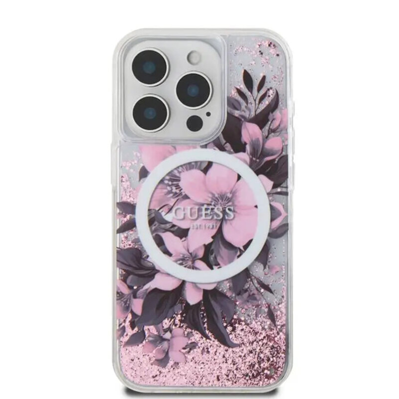 Husa Guess iPhone 16 Liquid Glitter Flower MagSafe, roz, GUHMP16SLFMWTP