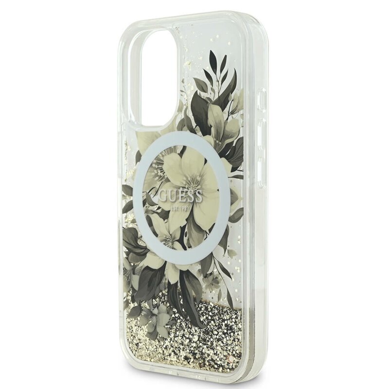 Husa Guess iPhone 16 Liquid Glitter Flower MagSafe, roz, GUHMP16SLFMWTP