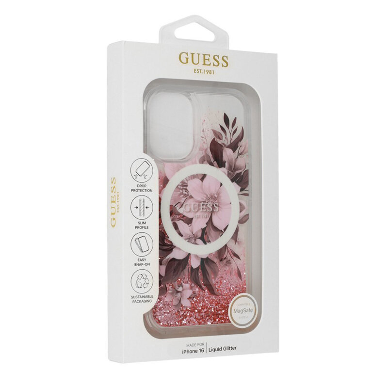 Husa Guess iPhone 16 Liquid Glitter Flower MagSafe, roz, GUHMP16SLFMWTP