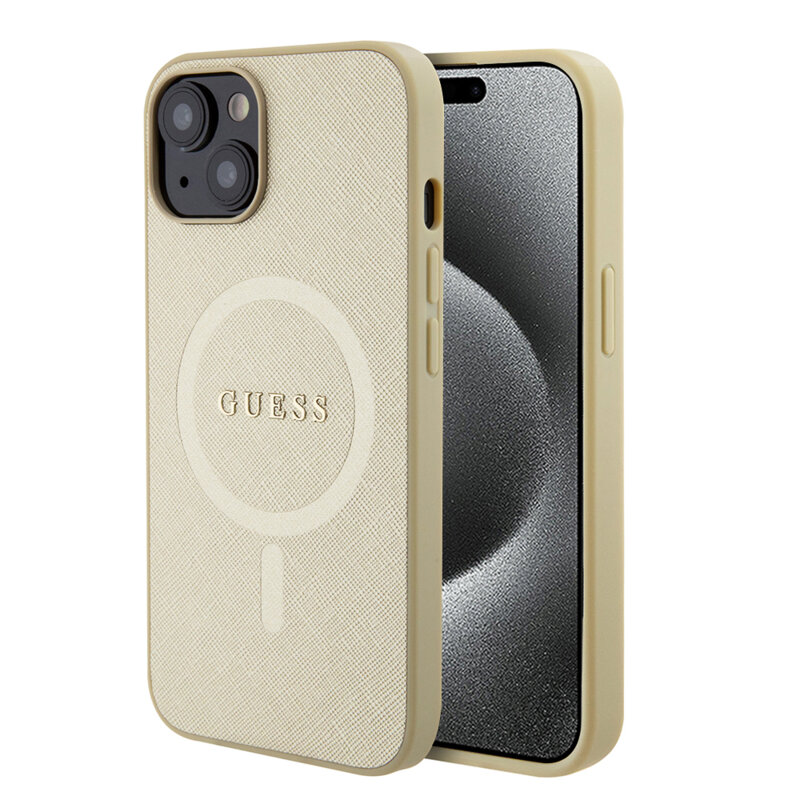 Husa Guess Saffiano MagSafe iPhone 15, auriu, GUHMP15SPSAHMCB